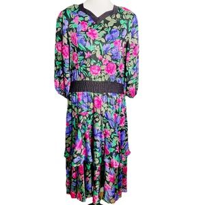 VTG Diane Freis Floral Beaded Ruffles Midi Layered  Dress‎ Bohemian Coquette M/L